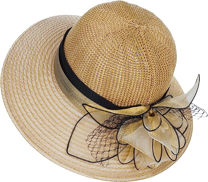 Women Elegant Organza Sun hat with Flower Church Hat Headgear Wedding Tea Party Wide Brim Sun Hats